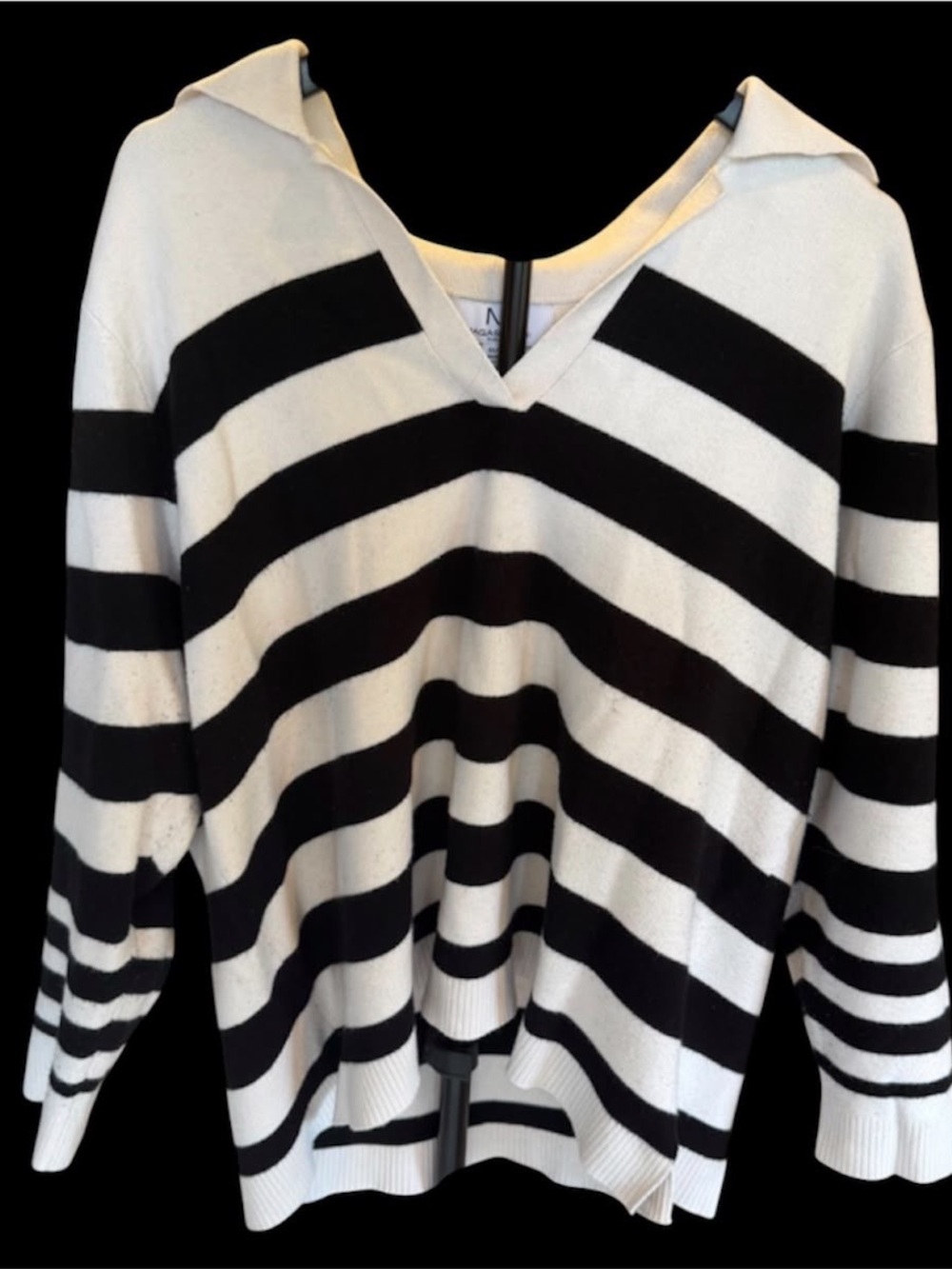Magaschoni Black & White Striped V-Neck Sweater Hoodie